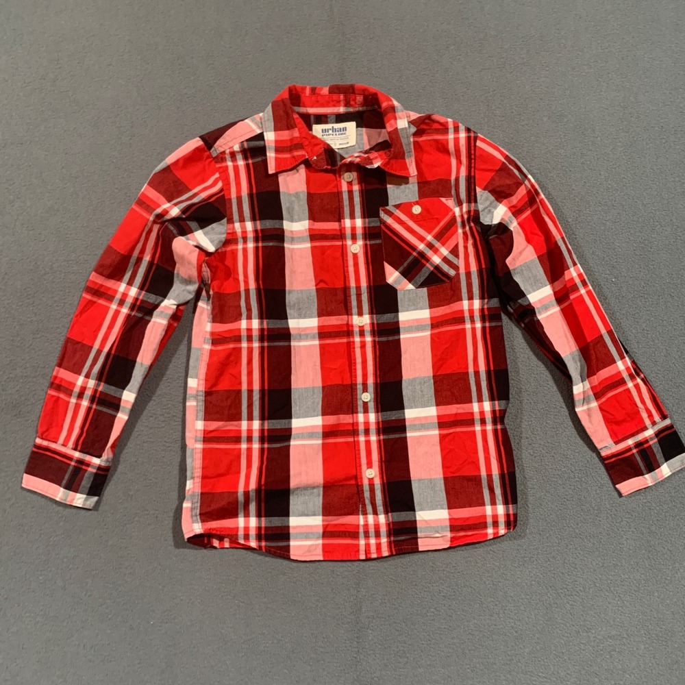 Urban Pipeline Kids Boys Medium Red Plaid‎ Long Sleeve Button Down Shirt Size